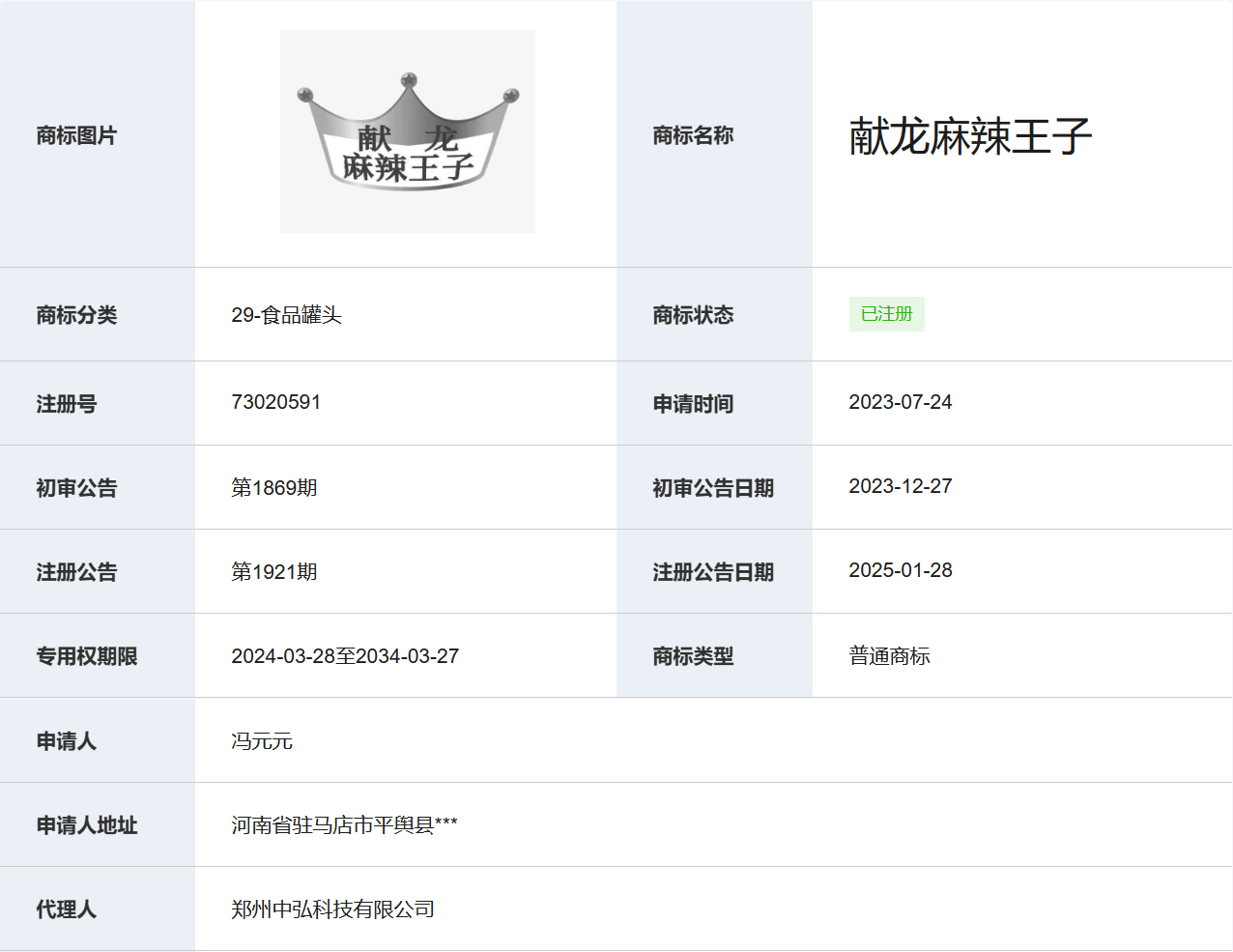 献龙麻辣王子（29-食品罐头）商标注册信息
